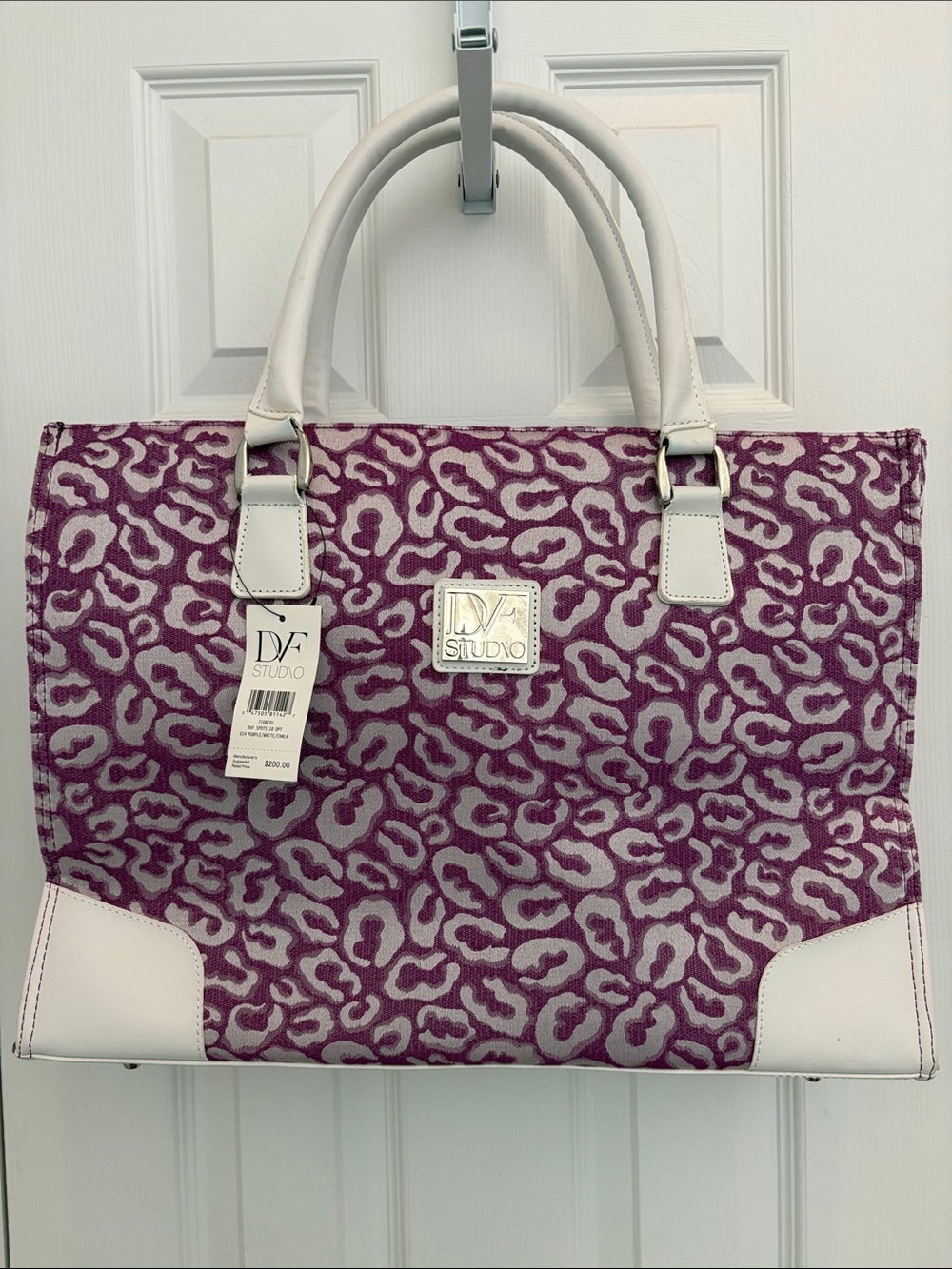 DVF Studio Purple Leopard Print Tote with White Leather Trim